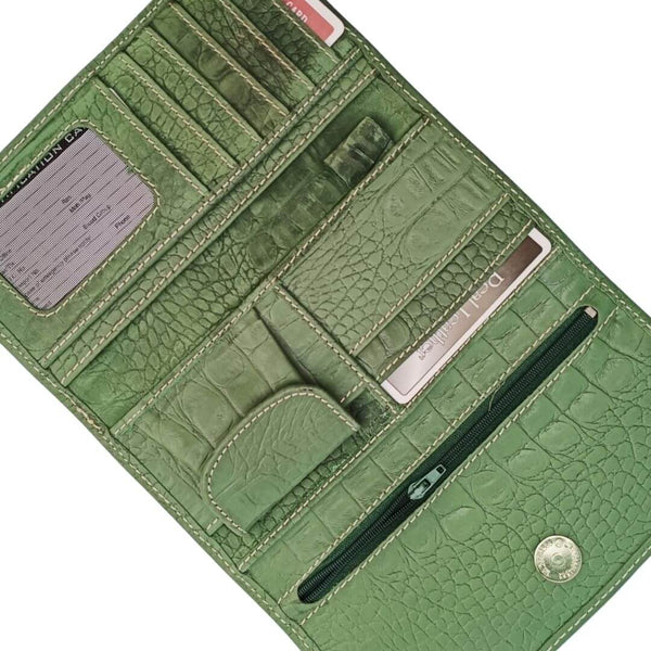 Leather long crocodile wallet 3 folds Green