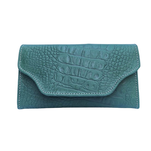 Leather long crocodile wallet 3 folds Green