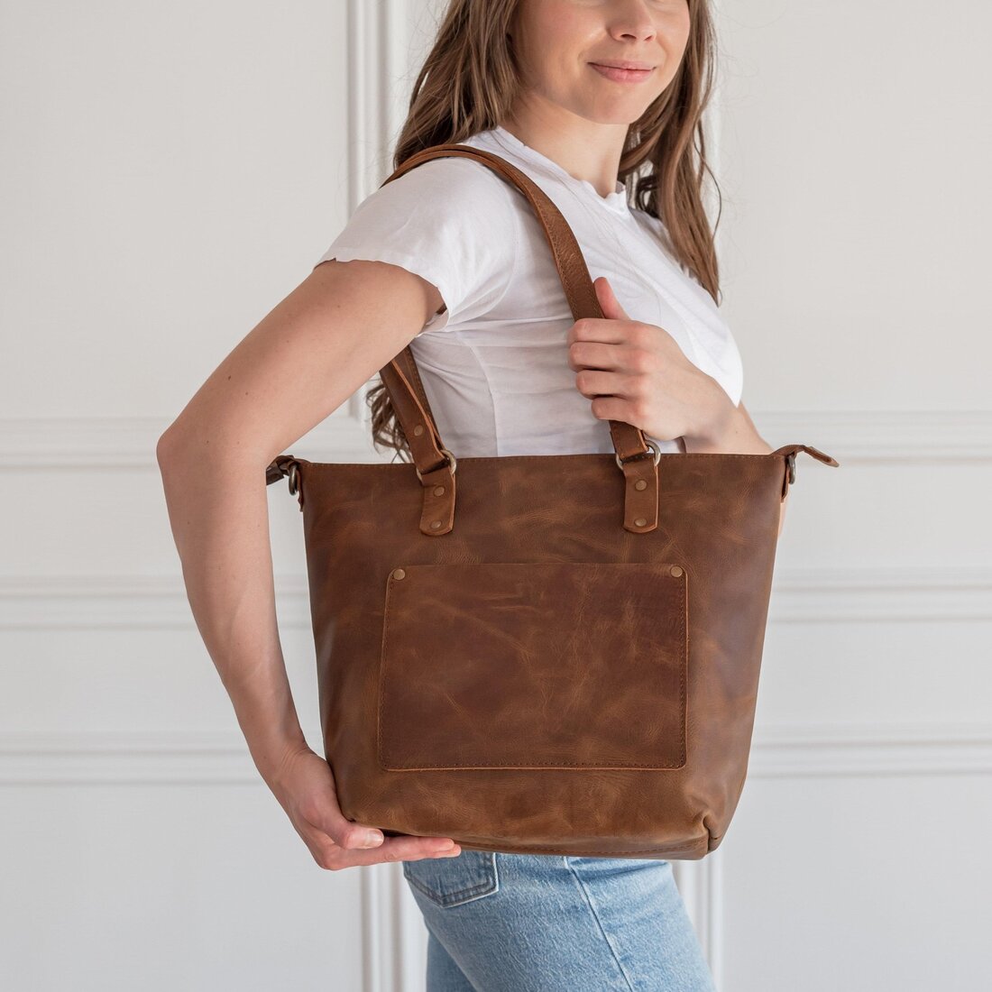 Crossbody Leather Tote - Saddle Brown