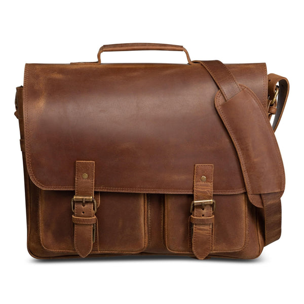 Front Pocket Leather Briefcase - Saddle Brown