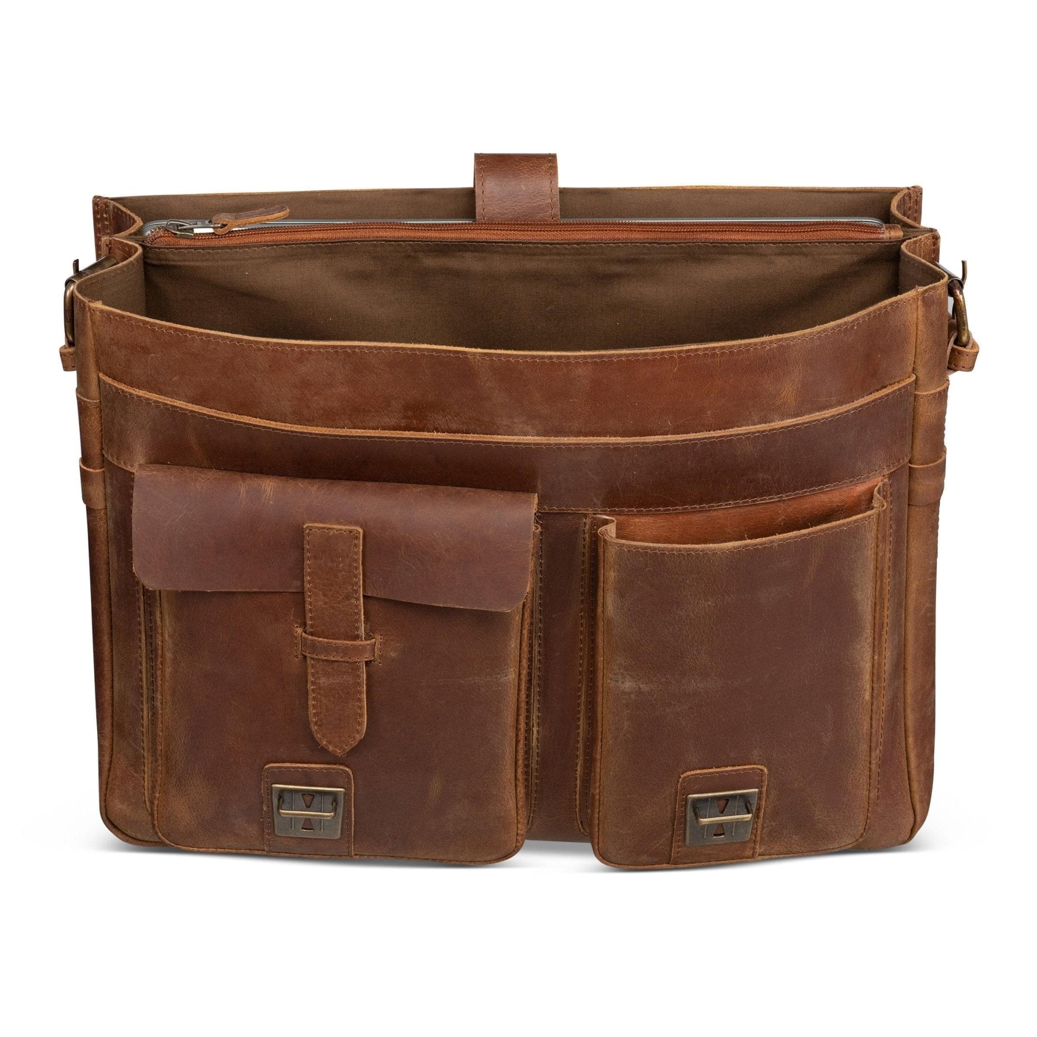 Front Pocket Leather Briefcase - Saddle Brown