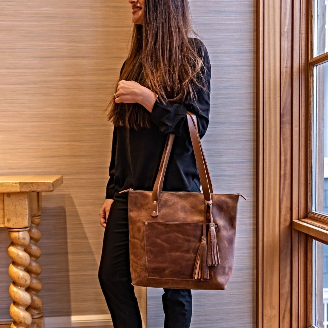 Leather Tote Bag - Saddle Brown